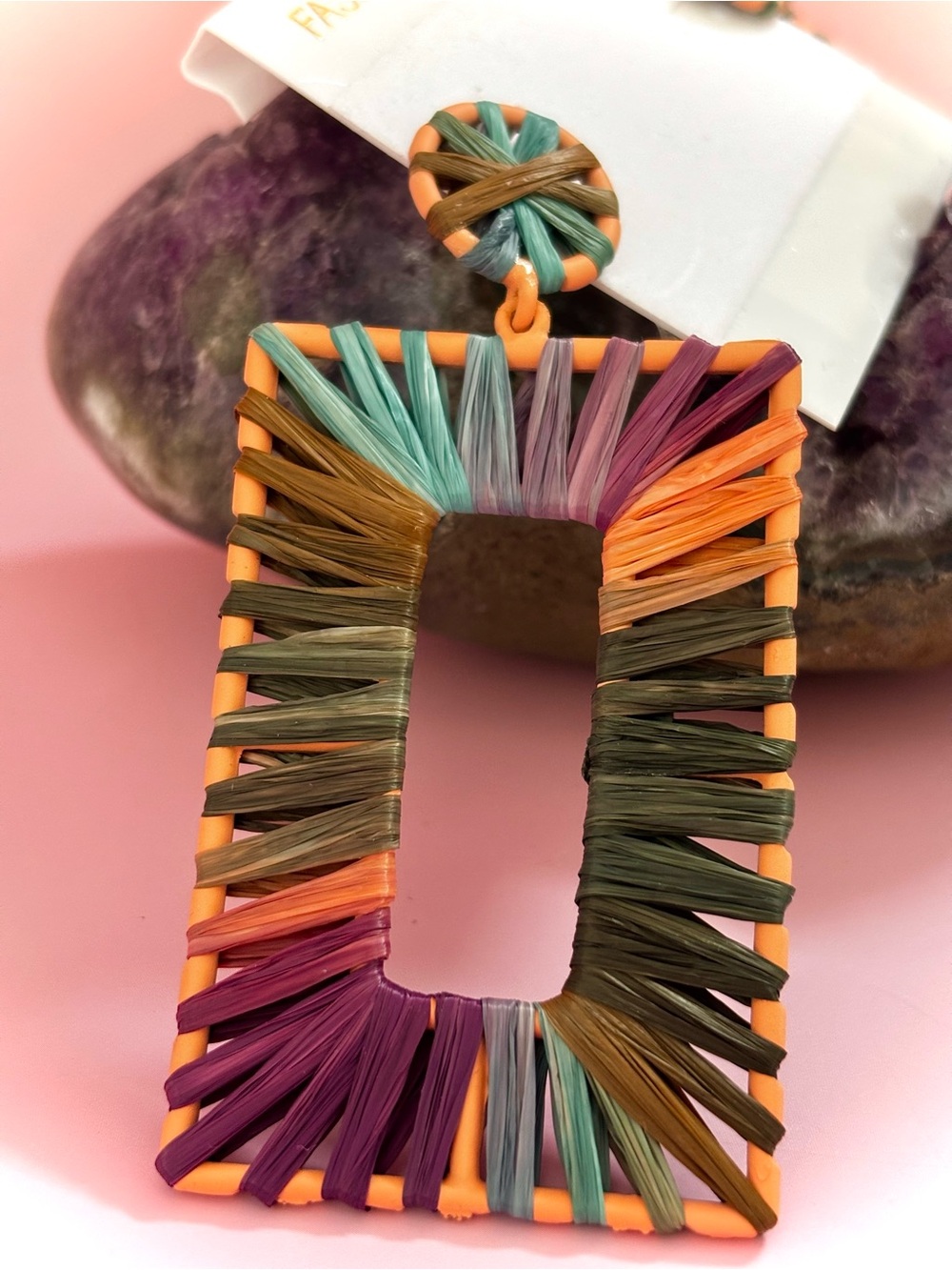Multicolor Wrapped Rectangle raffia Drop Earrings - Picture 2 of 2